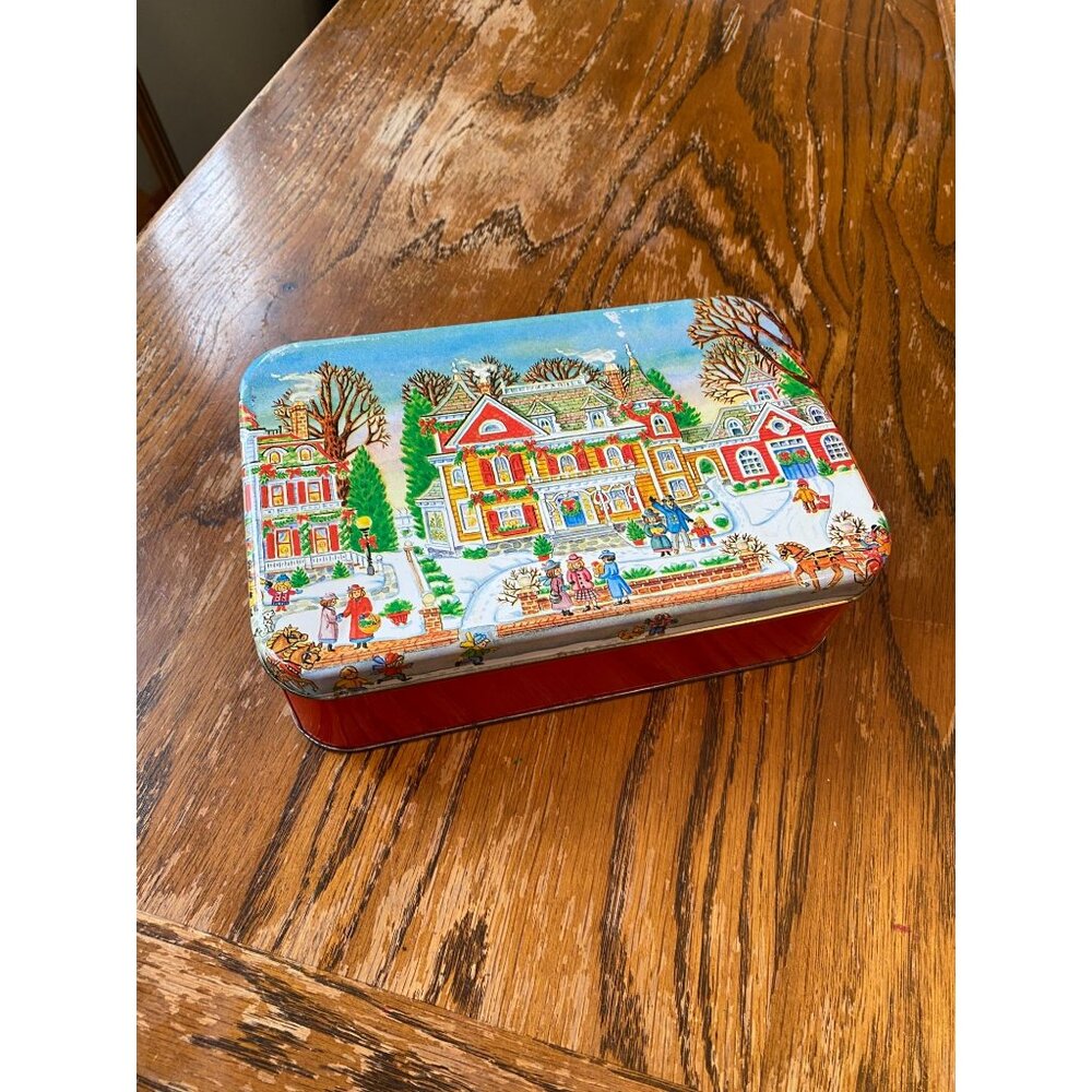 Vintage Christmas Tin Winter Snowy Houses Scene Colorful Christmas - Picture 1 of 6